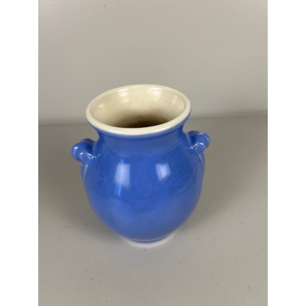 WELLER Pottery Blue Glazed Double Scroll Handle Bud Vase‎ Signed Vintage 6 Inch